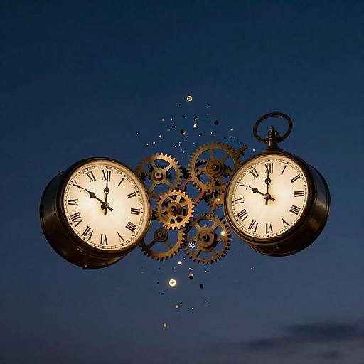 Photograph of two vintage clock faces with glowing white faces, black Roman numerals, and black hands, surrounded by gold gears and floating stars against a