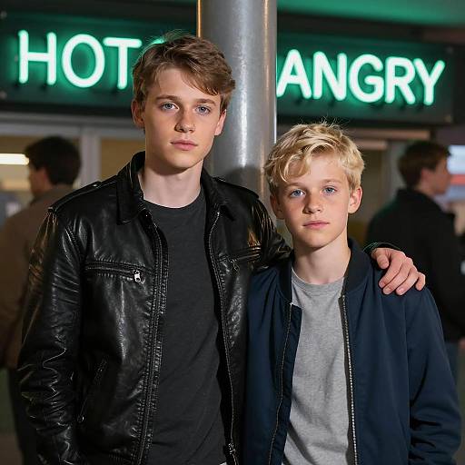 Two Boys Standing by Metallic Pillar