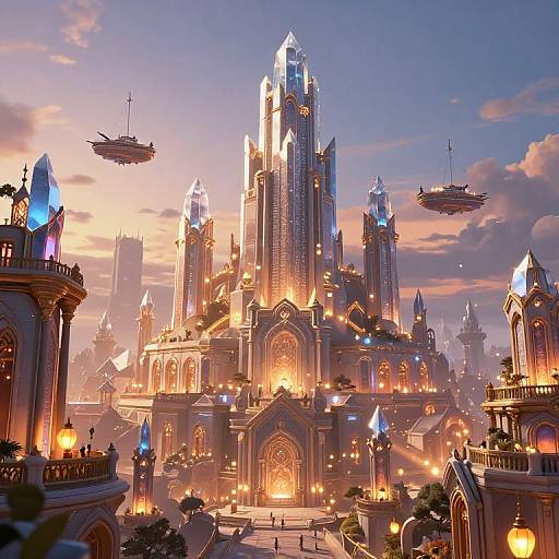 Digital fantasy artwork of a glowing, crystal-topped, futuristic cathedral at sunset, with flying ships, ornate buildings, and warm, golden lighting.
