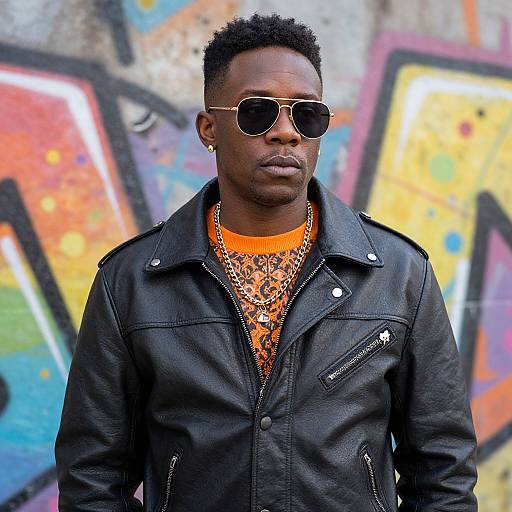 Photograph of a black man with short curly hair, wearing sunglasses, a black leather jacket, orange patterned shirt, and multiple necklaces, standing