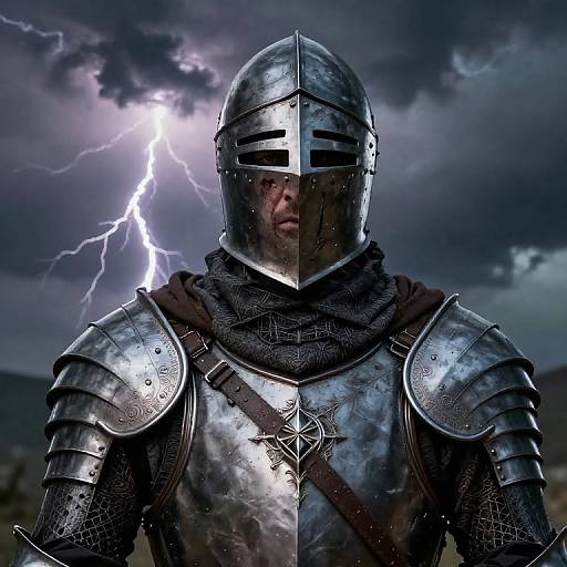 Photograph-style digital image of a medieval knight in shiny, dented silver armor with a lightning bolt in the stormy sky.