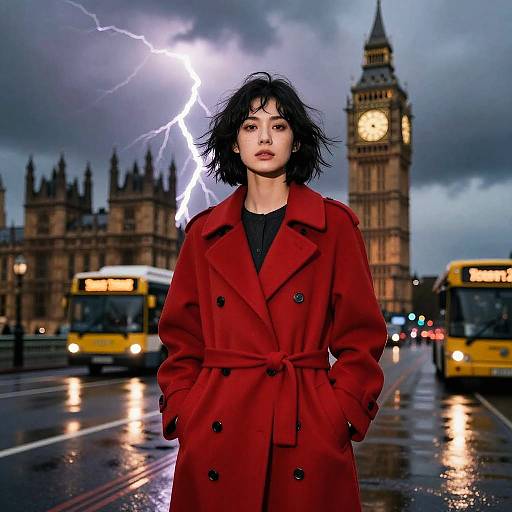 Photograph of a young woman with dark, tousled hair, wearing a red coat, standing in a rainy, stormy London street with lightning,