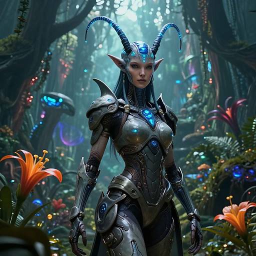 Digital fantasy artwork of a blue-skinned, horned elven warrior with glowing blue armor, standing in a mystical forest filled with colorful glowing flowers and