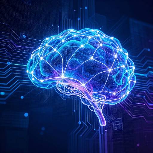 Digital CGI of a glowing blue brain made of interconnected neon lines on a dark, circuit-patterned background.