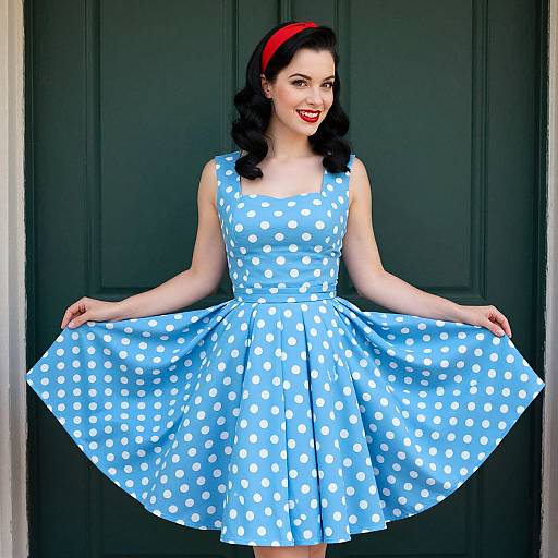 Vintage-style photograph of a fair-skinned woman with black curly hair, red headband, and red lipstick, wearing a blue polka dot dress,