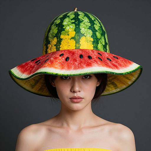 Photograph of an Asian woman with fair skin wearing a large, vividly colored watermelon hat with red, yellow, and green sections, against a