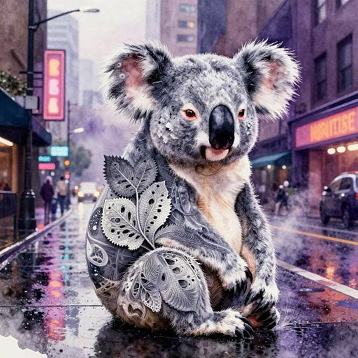 Surreal Silver Koala in Neon Megacity