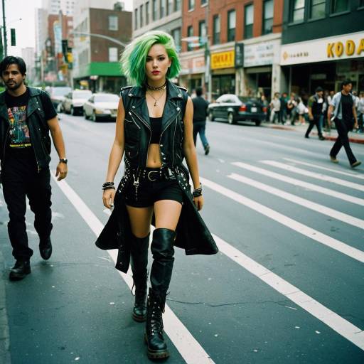 Confident Woman with Neon Green Hair Walking in City