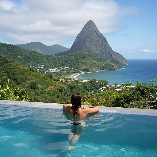 Serene Woman in Infinity Pool Overlooking St. Lucia