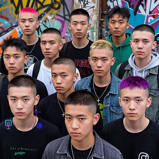 Photograph of 11 young Asian men with varied hairstyles and hair colors, standing against graffiti-covered urban wall, wearing casual clothing.