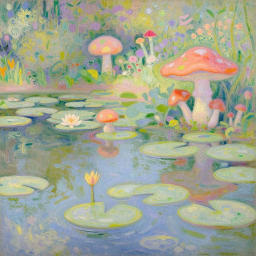 Whimsical painting of a vibrant, colorful pond with floating lily pads, red mushrooms, and a single blooming flower. Bright, impressionistic