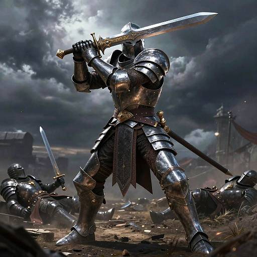 Digital painting of a knight in shiny silver armor, holding a sword overhead, standing victorious amidst fallen comrades in a dark, stormy battlefield.