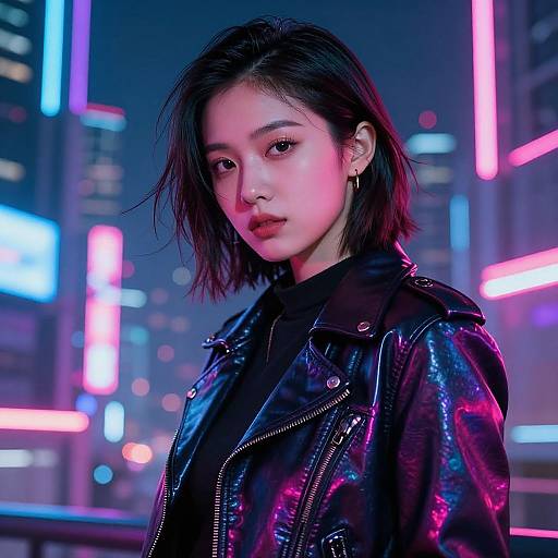 Digital artwork of an Asian woman with short black hair, wearing a shiny black leather jacket, standing in a neon-lit cityscape at night. Vibr