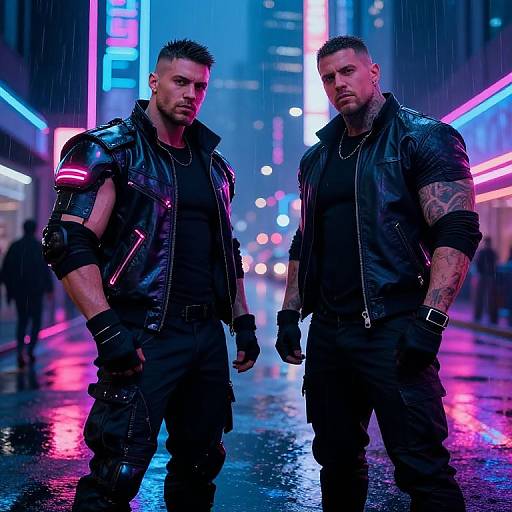 Photograph of two muscular, tattooed men in black leather jackets and gloves standing in a neon-lit, rainy city street. Blue and pink lights