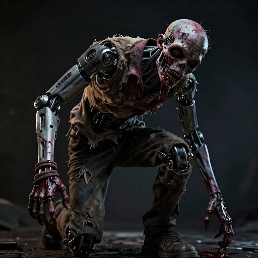 CGI image of a crouching, cybernetic zombie with metallic arms, blood-stained clothes, and a bloodied, robotic skull,