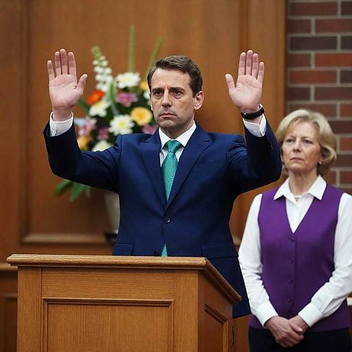 Man in Blue Suit at Wooden Pulpit