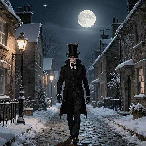 Gothic Man in Top Hat Walking on Snowy Cobblestone Street