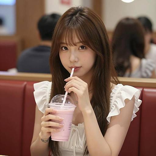 Charming Asian Woman Enjoying a Milkshake