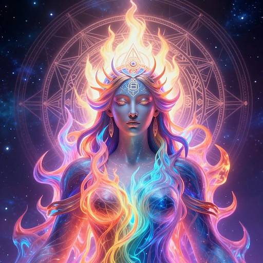 Digital artwork of a serene, blue-skinned goddess with flowing, multi-colored flames, glowing horns, and geometric halo, set against a starry night