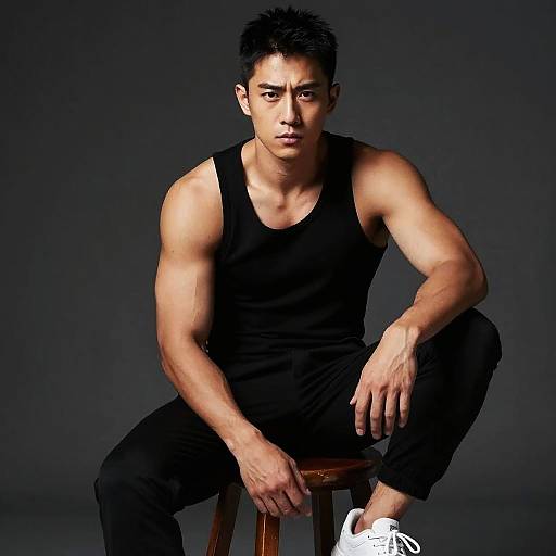 Photograph of a muscular Asian man with short black hair, wearing a black tank top and black pants, sitting on a wooden stool against a dark gray