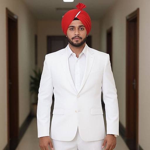 Photograph of a bearded man with medium brown skin, wearing a bright red turban and a white suit, standing in a dimly lit hallway