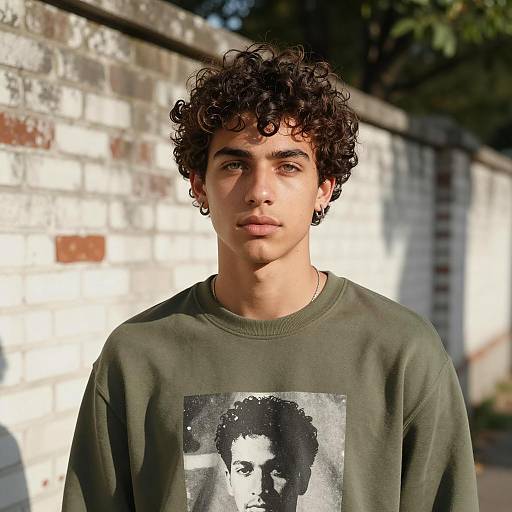 Young man with curly hair in olive sweatshirt