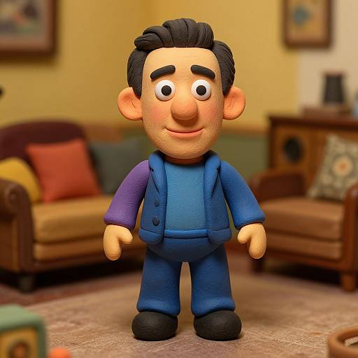 Photograph of a 3D cartoon-style figurine with black hair, blue outfit, and smiling face, standing in a cozy living room.