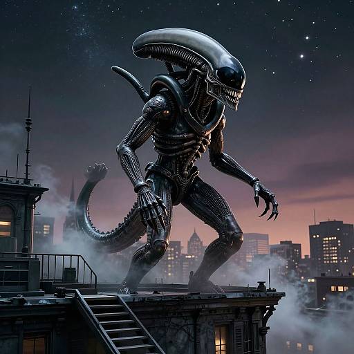 Digital artwork of a towering, metallic, alien creature with a long tail and head crest, standing on a rooftop at night, city skyline with stars in