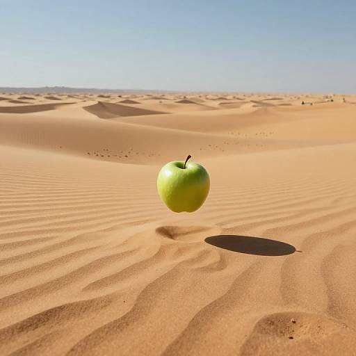 Photograph of a single green apple floating in the sand of a vast, sunlit desert with rippled dunes under a clear blue sky.