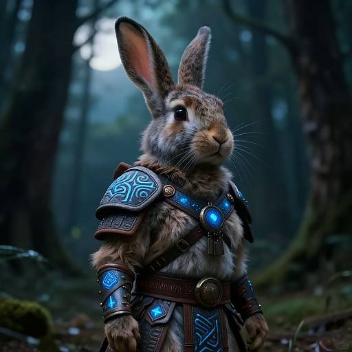 Photorealistic CGI of a rabbit in medieval armor with glowing blue runes, standing in a dark, misty forest.