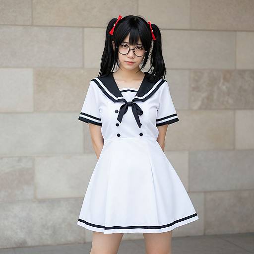Digital anime-style photograph of a young Asian girl with black pigtails, red hair ties, glasses, and a white sailor dress with black trim,