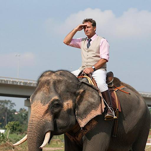 Middle-Aged Man Riding an Elephant