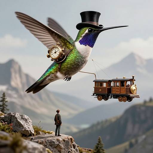 Photorealistic digital art: A top-hatted, clock-winged hummingbird carries a vintage steam train, with a small figure standing on a rocky