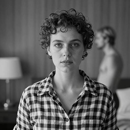 Intense Gaze of Woman with Curly Hair