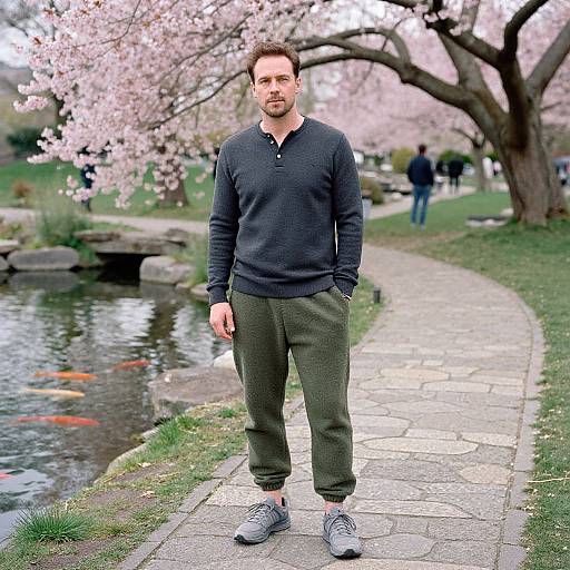 Serene Man by Koi Pond in Cozy Wear