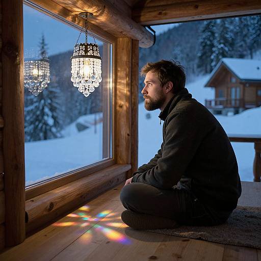 Photograph of a bearded man in a black jacket, sitting cross-legged by a wooden window, gazing at a snow-covered mountain view with a