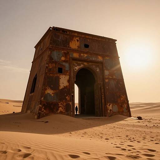 Photograph of a weathered, rusty, rectangular stone archway in a vast, sunlit desert, with a small, silhouetted figure