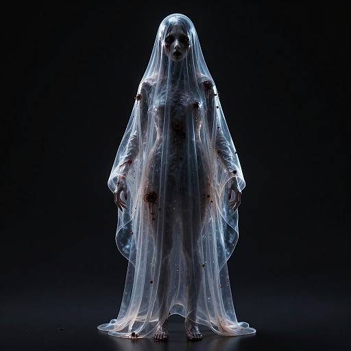 Photorealistic CGI of a ghostly figure with a transparent, blood-stained sheet, standing against a dark background, glowing with eerie blue light.