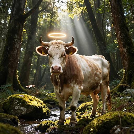 Photograph of a brown and white cow with a glowing halo, standing in a sunlit forest stream, surrounded by moss-covered rocks and tall trees.