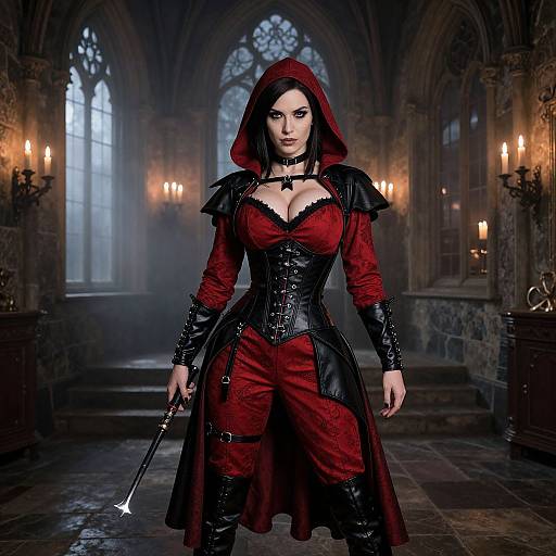 Photorealistic digital artwork of a stern-faced woman in a red and black medieval corset, hooded cloak, holding a whip, in a dim
