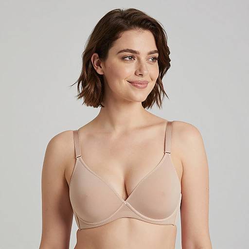 Smiling Woman in Beige Sheer Bra