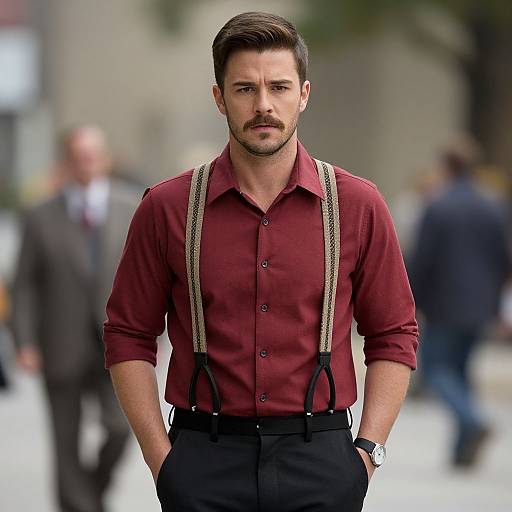 Photograph of a handsome man with dark hair and beard, wearing a red button-up shirt, black trousers, and beige suspenders, standing in a