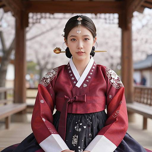Photograph of a young East Asian woman in traditional Korean hanbok, maroon top with white floral embroidery, black skirt, wooden hanok background