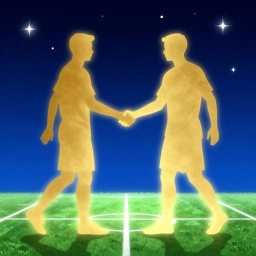 Digital illustration of two glowing, yellow, silhouette figures shaking hands on a green football field under a starry blue night sky.