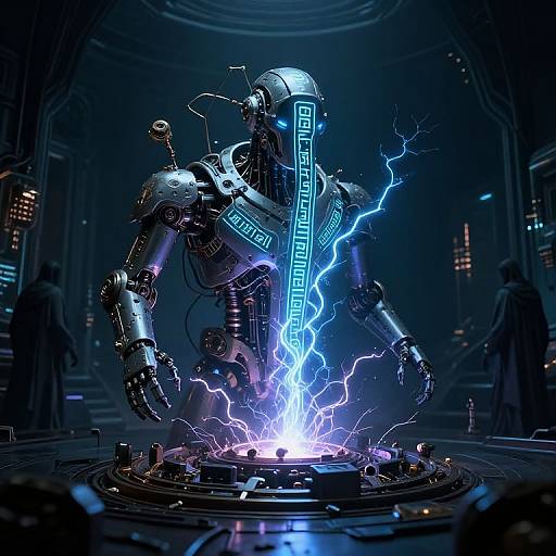 Digital art of a glowing, cybernetic robot with neon blue circuits, emitting lightning, standing over a bright, electrified circular platform in a dark