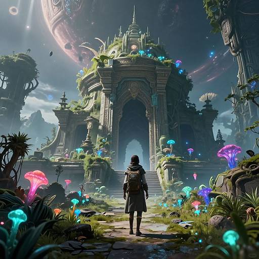Digital fantasy artwork: lone figure in dark cloak approaches glowing, overgrown, ancient temple with vibrant mushrooms and neon lights, under a cosmic sky.
