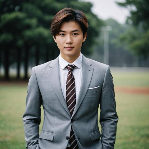 Asian Man in Grey Suit Outdoors