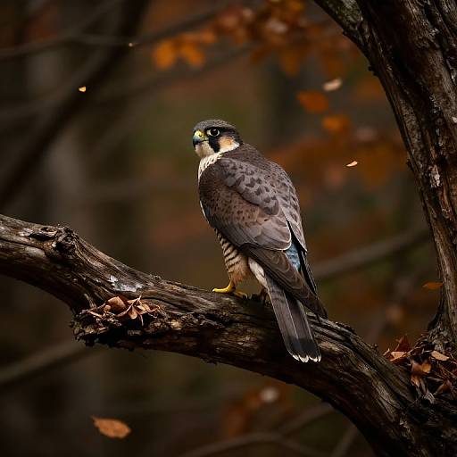 Photograph of a sharp-shinned hawk perched on a dark, textured tree branch with autumn leaves, set against a blurred, brown-toned forest