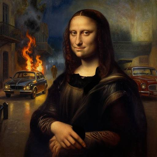 Digital artwork of the Mona Lisa in a dark, urban setting with burning cars, smoky sky, and eerie streetlights. She wears a black,