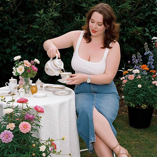 Photograph of a curvy, fair-skinned woman with red lipstick, wearing a white tank top and blue skirt, pouring tea from a silver te